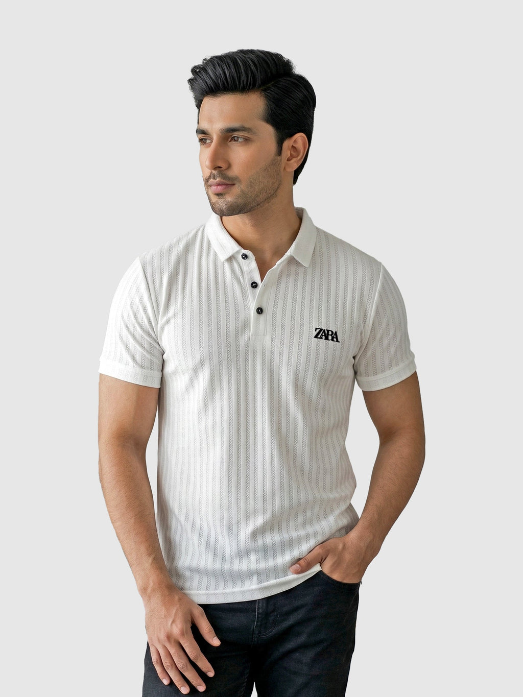 ZARA White Textured Polo T-Shirt