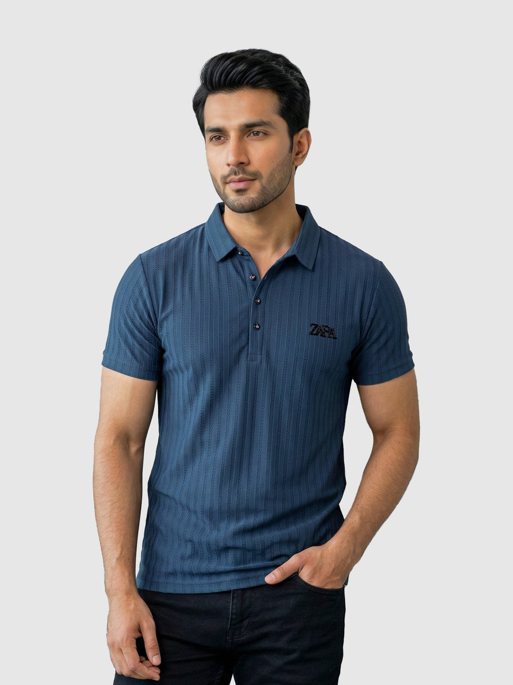 Zara Dusty Blue Textured Polo T-Shirt