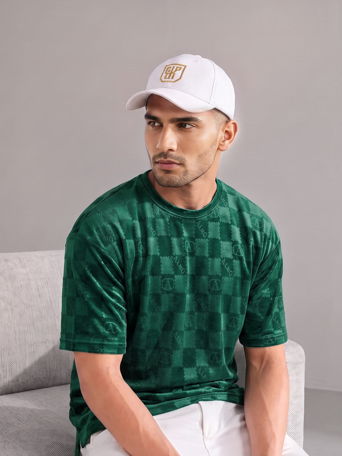 Men's Green Textured Checkered Oversized T-Shirt