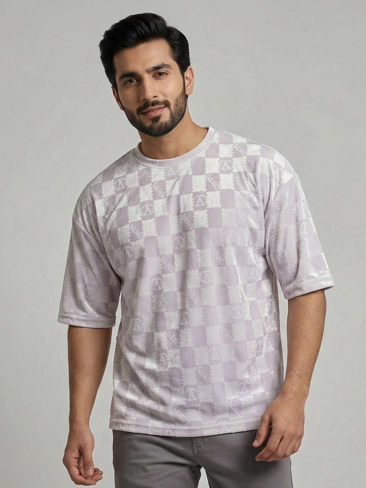 Men's White Textured Checkered Oversized T-Shrt