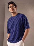 Men's Blue Textured Checkered Oversized T-Shirt