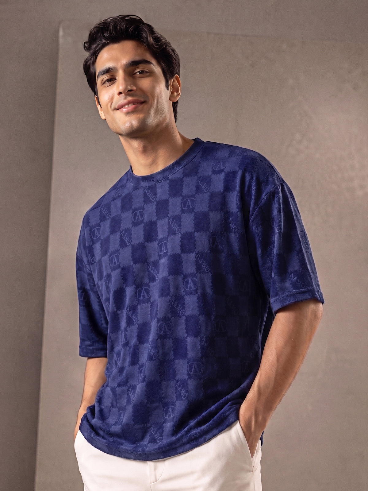 Men's Blue Textured Checkered Oversized T-Shirt